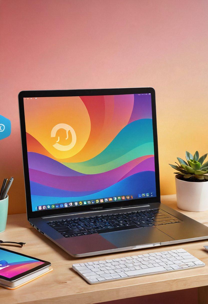 A serene desktop setup featuring a sleek laptop with an open browser displaying various popular search engines. Surround it with symbols of joy, like colorful waves and floating digital icons representing speed and ease of use. Incorporate a warm color palette with subtle light reflections to convey comfort and efficiency. super-realistic. vibrant colors.