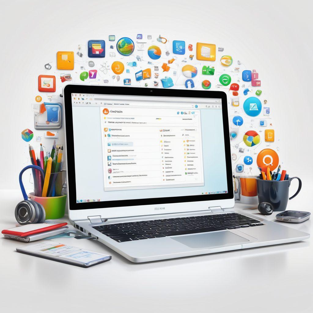 A vibrant, dynamic workspace filled with various internet searching tools and gadgets, with a futuristic laptop displaying a visually appealing search interface. Icons representing various search engines and tools are scattered across the desk, creating an atmosphere of exploration and discovery. Bright and inviting colors evoke a sense of curiosity and innovation. super-realistic. vibrant colors. white background.