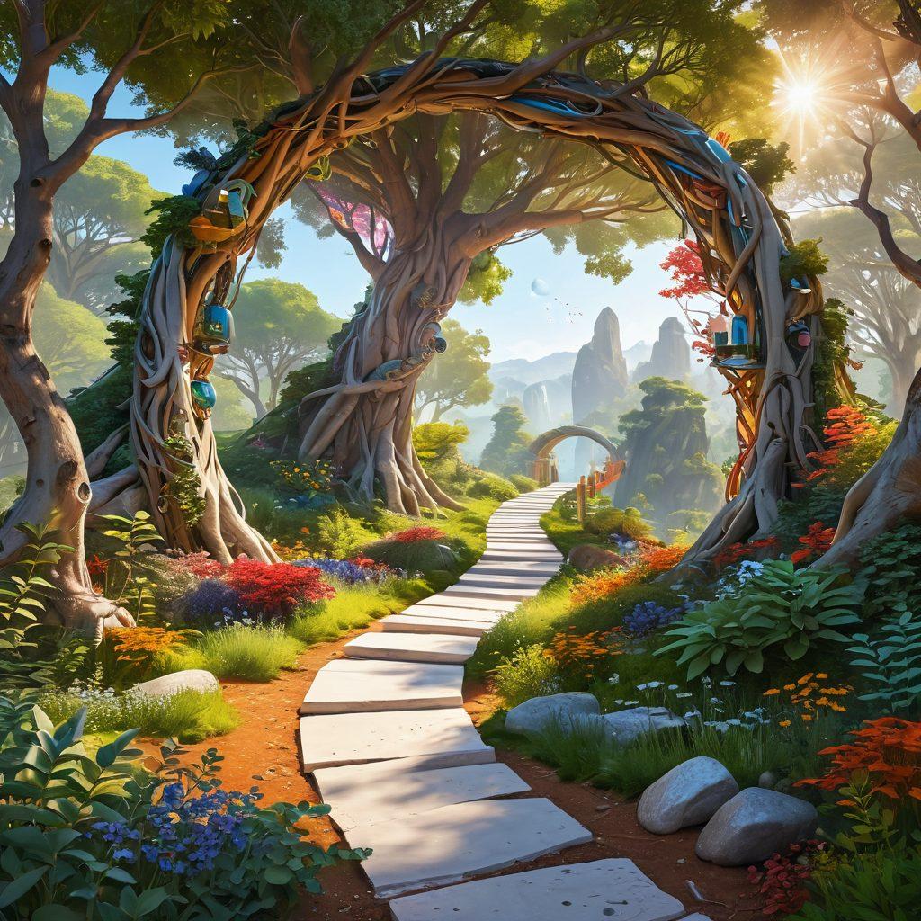 A serene landscape showcasing a winding path leading to a vibrant, multicolored portal representing the all-in-one search engine; diverse people exploring within the portal, surrounded by icons of various online resources; soft sunlight filtering through trees, symbolizing discovery and ease; a sense of wonder and adventure in the air. super-realistic. vibrant colors. white background.